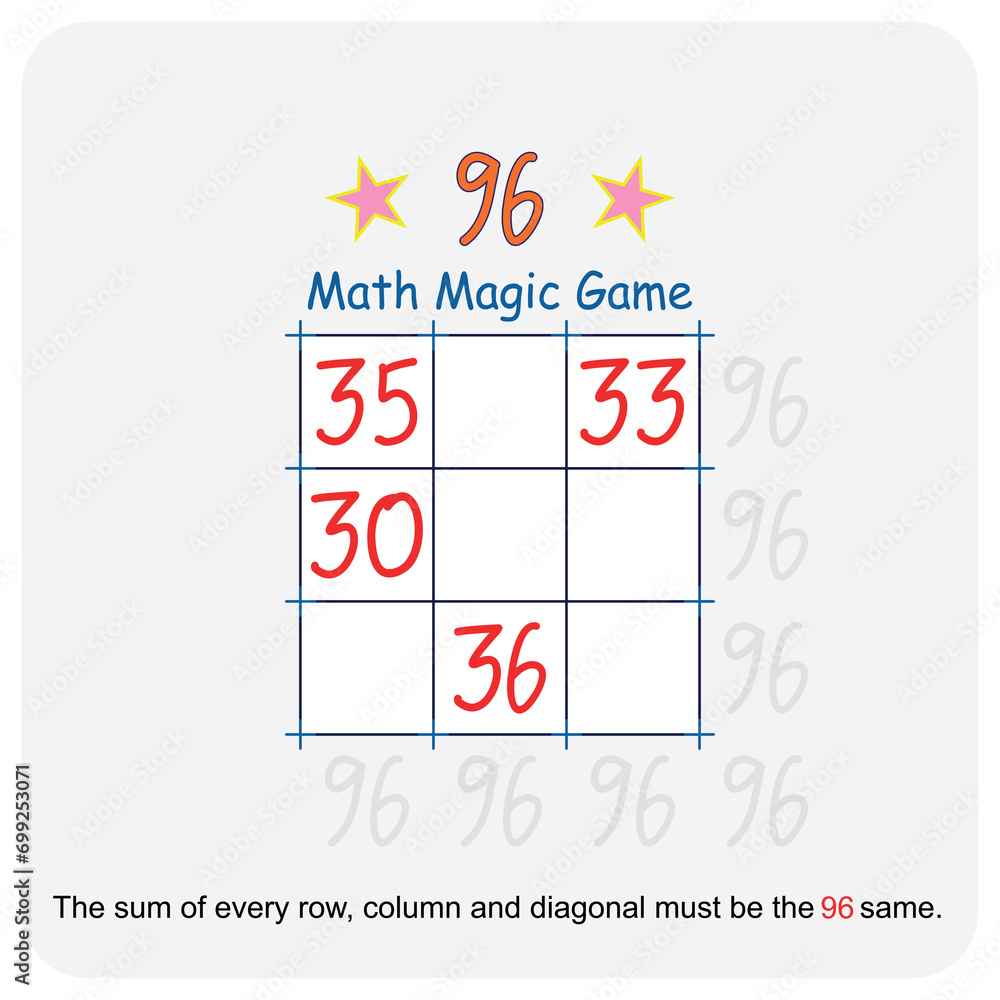 Magic math game. (Magic square) Recreational mathematics and educational series vector illustration. Magic math game. (Magic square) Recreational mathematics and educational series vector illustration.