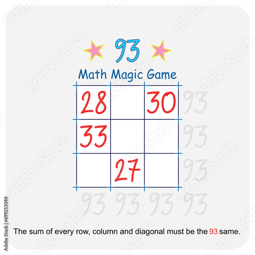 Magic math game. (Magic square)  Recreational mathematics and educational series vector illustration.