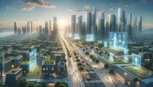 Futuristic smart city with biomorphic architecture and intuitive human-technology interaction. photo