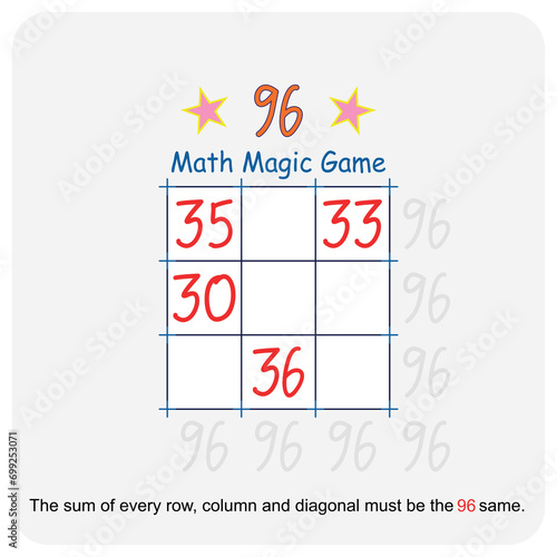 Magic math game. (Magic square)  Recreational mathematics and educational series vector illustration.