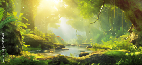 Sunlit river winding through a vibrant, ethereal jungle