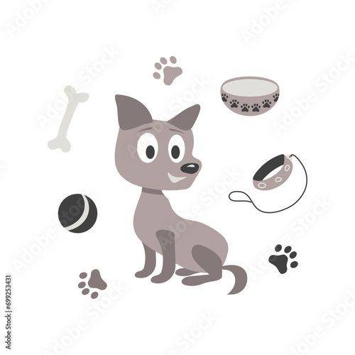 Vector drawing of a puppy and accessories. Monochrome colors. An element for a print or pattern.