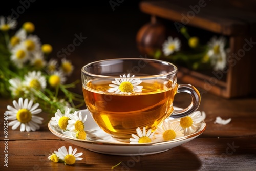 Glass mug with chamomile tea on a wooden table