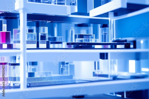 3d render of science laboratory with test tubes and blue light.