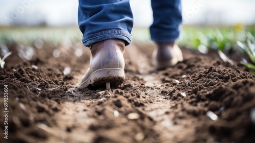 Capture the essence of the planting season with this close-up shot of a farmer's feet, treading the soil for a successful crop.
