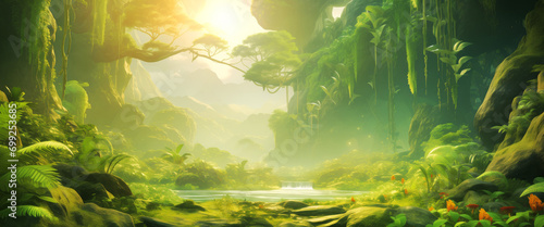 Sunlit jungle landscape with a waterfall in the distance