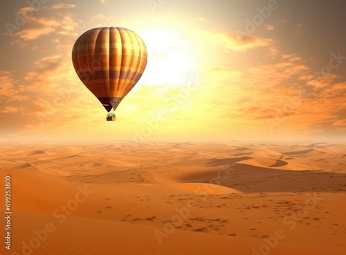 hot air balloon over the African desert during sunset