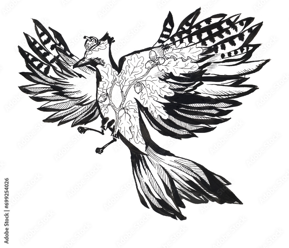 Fototapeta premium Bird with stretched wings and line art oak twigs in body. Bird in flight silhouette isolated on white.