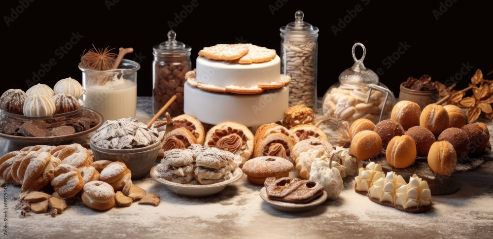 table covered with many cakes and pastries