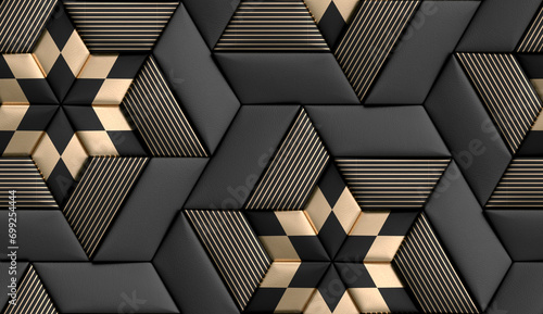 3D high quality seamless realistic texture tiles soft geometry form made from black leather with golden decor stripes and rhombus photo