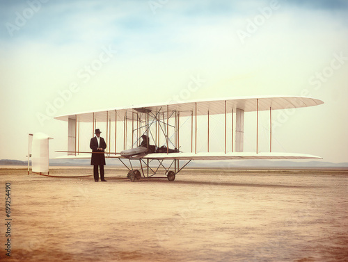 The Wright brothers triumph with their first successful powered flight; a historical aviation milestone captured. photo