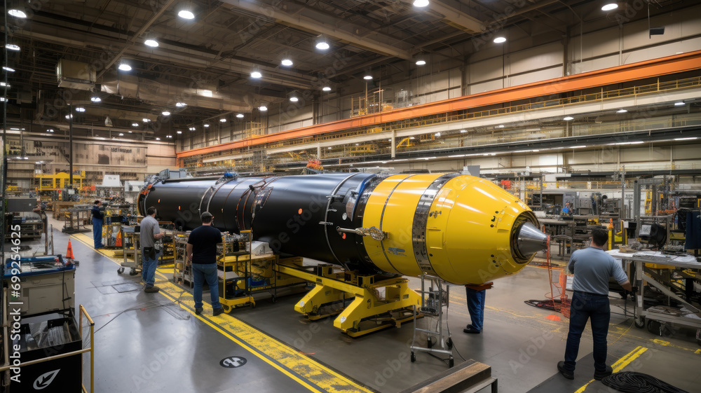 Space rocket in assembly shop of factory, engineers work inside modern plant. Concept of industry, technology, manufacturing, science, machinery, Space rocket in assembly shop of factory, engineers work inside modern plant. Concept of industry, technology, manufacturing, science, machinery,
