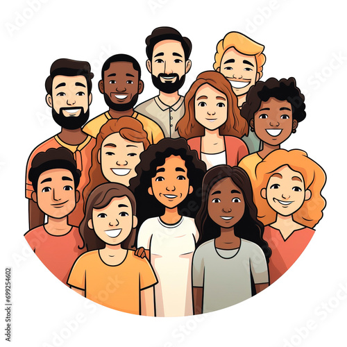 Circle cartoon image of multi ethnic group of people. White transparent background