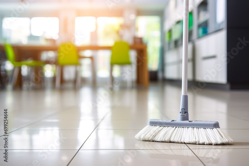 Close up shot of modern broom in office meeting room. Cleaning companies conceptual banner with copy space for text