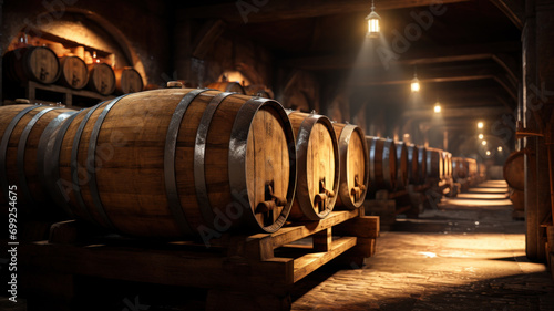 Wine cellar with rows of old wooden barrels, large warehouse in underground of winery. Scenery of vintage oak casks in dark storage Concept of vineyard, viticulture, production