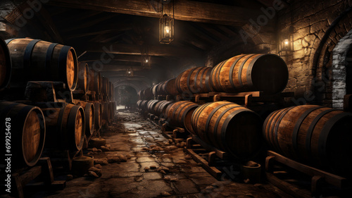 Wine cellar in medieval storage, rows of old wooden barrels. Dark warehouse in underground of winery with vintage oak casks. Concept of vineyard, viticulture, production