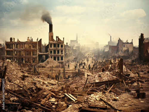 Historic illustration depicting the devastating Great Chicago Fire of 1871, chaos and destruction enveloping the city.
