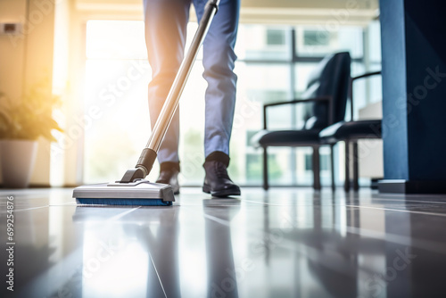 Close up shot of unrecognizable cleaning staff vacuuming an office floor photo