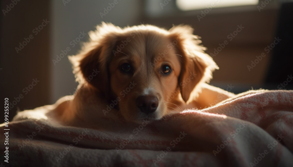 Cute puppy sitting on bed, looking at camera, fluffy fur generated by AI