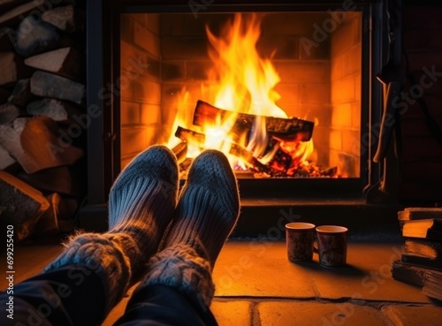 Feet in woollen socks by the Christmas fireplace © grigoryepremyan
