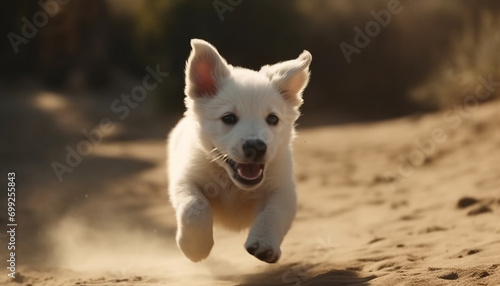 A cute puppy running outdoors  playing and having fun in summer generated by AI