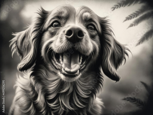 Joyful Cockapoo - Close-up of a cheerful dog with curly fur in a scratchboard etching style Gen AI photo