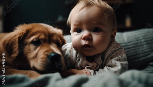 Cute child embraces small dog, portraying love and innocence generated by AI