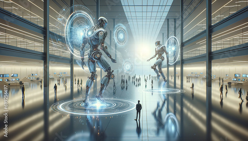 Futuristic human-technology symbiosis in well-lit environment with advanced transformer models.