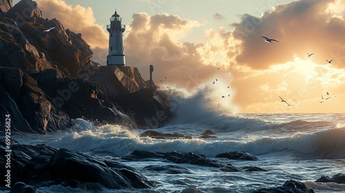 Lighthouse Fishing Haven: A lone fisherman near a coastal lighthouse, with crashing waves and seagulls adding drama to the picturesque scene