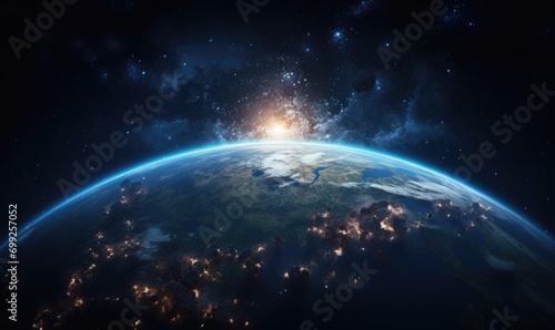 View of the Earth, star and galaxy. Sunrise over planet Earth, view from space.