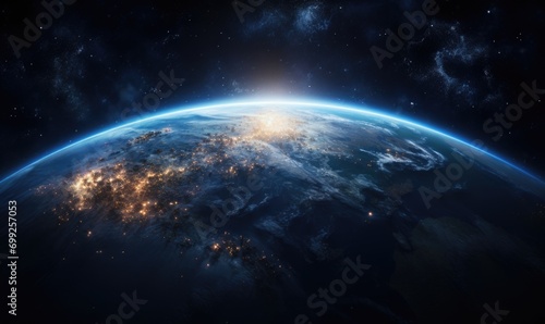 View of the Earth  star and galaxy. Sunrise over planet Earth  view from space.