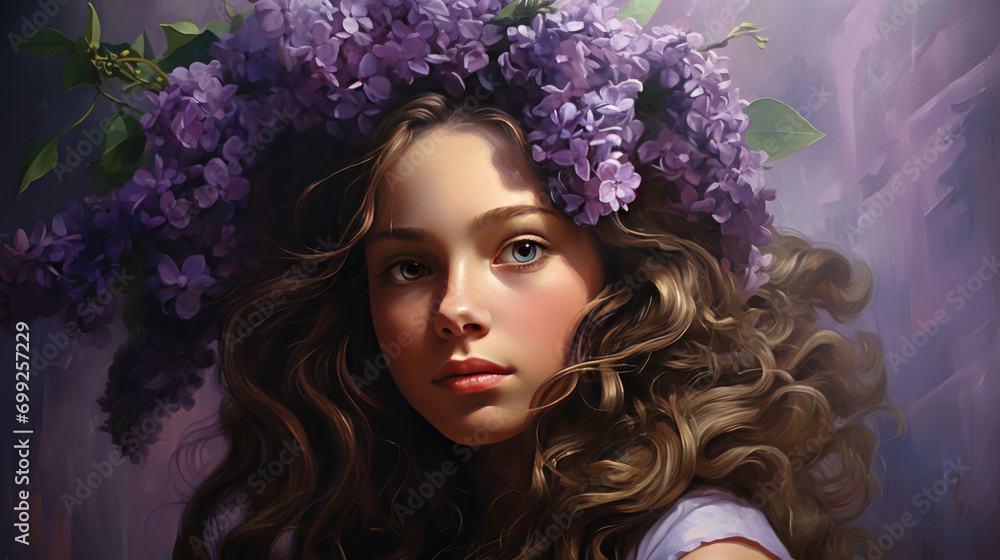A young girl with a large bouquet of purple lilacs and a wreath on her head. A girl in a park among green trees.Beautiful spring flowers. Women's Day, Mother's Day.