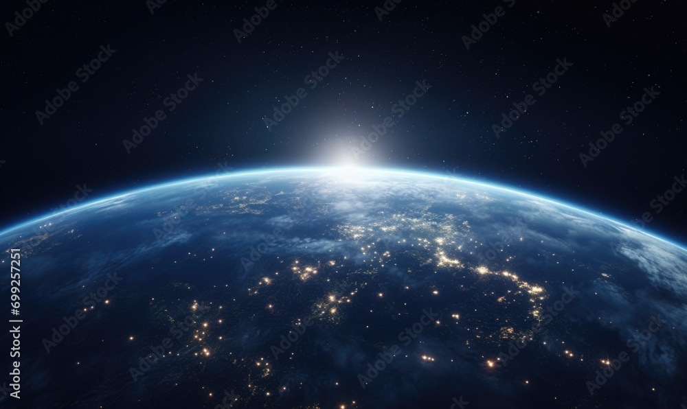 Beautiful blue planet earth with lights of night cities