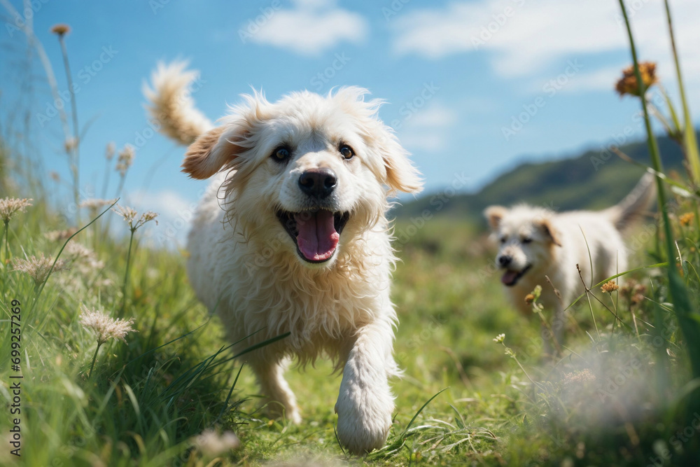 Generative AI image of playful dogs in a sunny meadow Generative AI image of playful dogs in a sunny meadow
