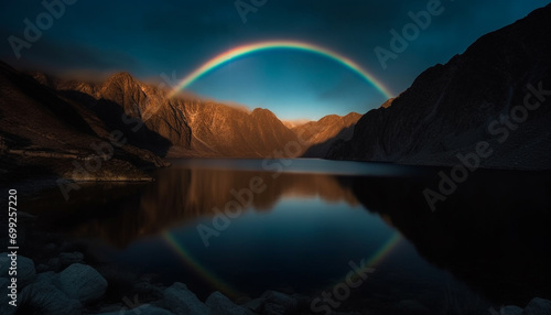 Majestic mountain peak reflects moonlight in tranquil scene generated by AI