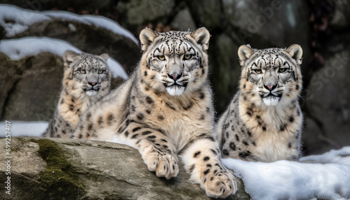 Snow leopard staring, majestic, in the wilderness generated by AI © Stockgiu