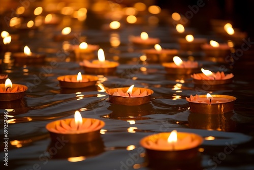 A peaceful assembly of waterborne clay lamps, symbolizing hope and purity in the Diwali festival
