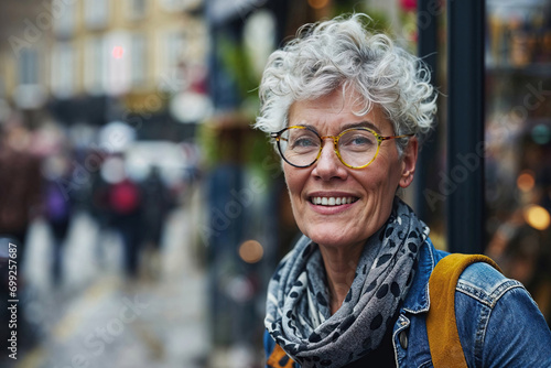 Generative AI image of a joyful senior woman in the city photo