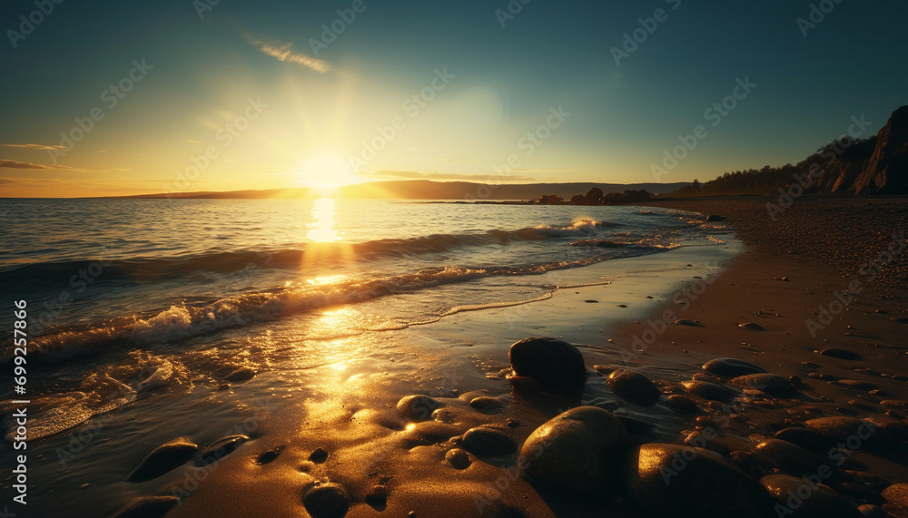 Obraz premium Sunset over water, nature tranquil scene reflects beauty generated by AI