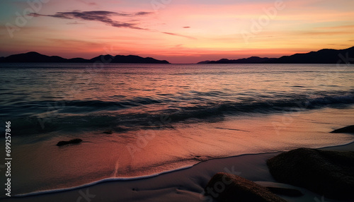 Sunset over the tranquil coastline, reflecting on water generated by AI