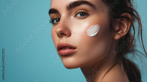 Portrait of a young woman applying cosmetic cream on a cheek.  photo