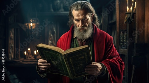 elderly man reading a book in a dark castle