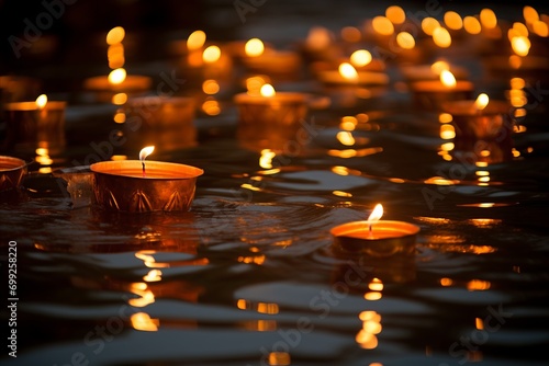 Gently lit diyas dance on the water, creating serene reflections for the celebration of Diwali