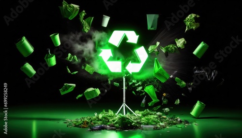 explosion of green , flying garbage and rcycle symbol photo