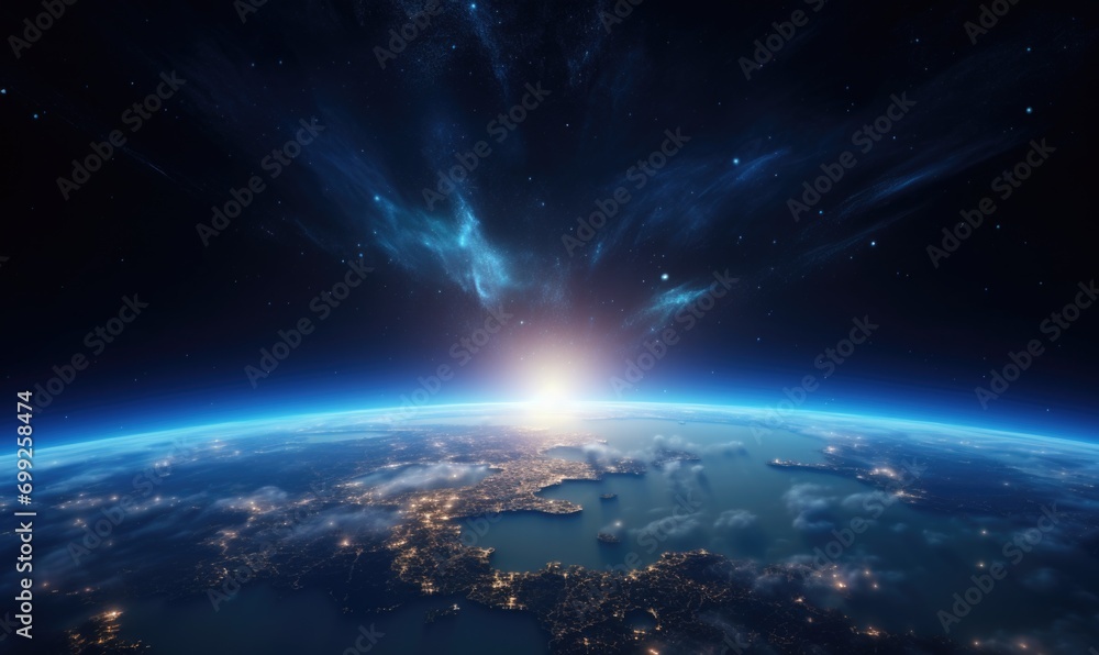 View of the Earth, star and galaxy. View of the Earth, star and galaxy.
