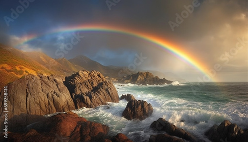 Majestic sunset paints multi colored sky over rocky coastline generated by AI