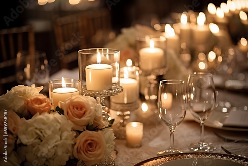 An exquisite table set for a romantic dinner, adorned with lit candles, lush flowers, and vintage tableware photo