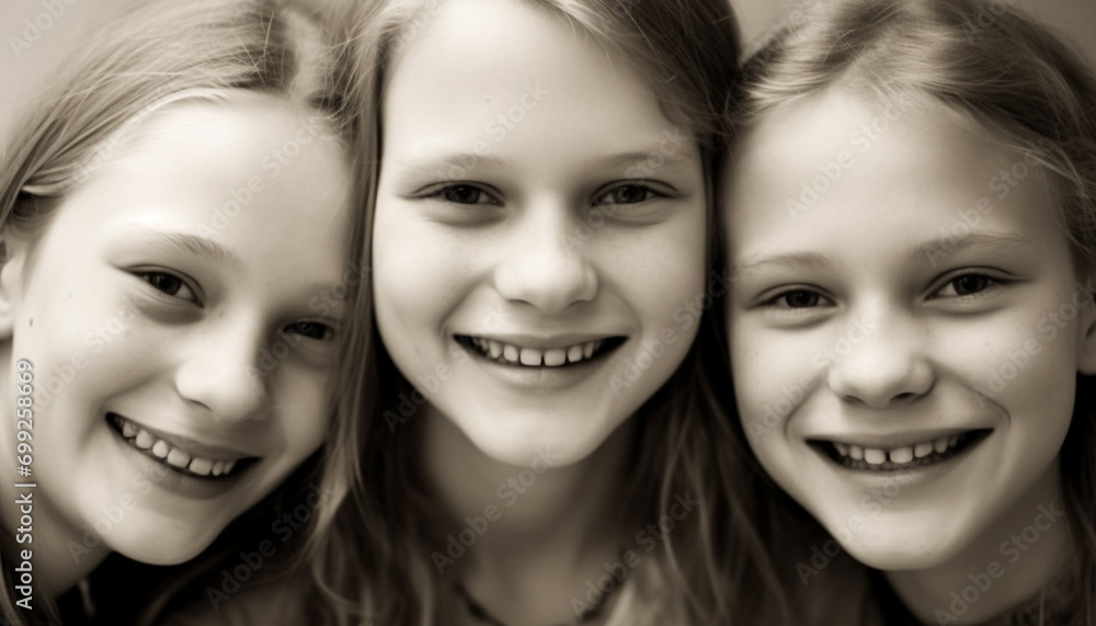 Smiling child, cheerful girls, cute portrait, black and white friendship generated by AI
