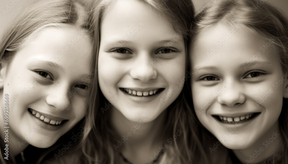 Smiling child, cheerful girls, cute portrait, black and white friendship generated by AI Smiling child, cheerful girls, cute portrait, black and white friendship generated by AI