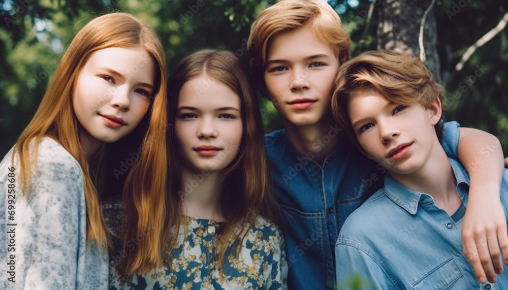Smiling children enjoying nature, embracing friendship and togetherness outdoors generated by AI Smiling children enjoying nature, embracing friendship and togetherness outdoors generated by AI